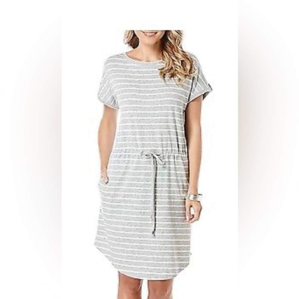 Rafaella light grey heather white striped drawstring waist  dress size M